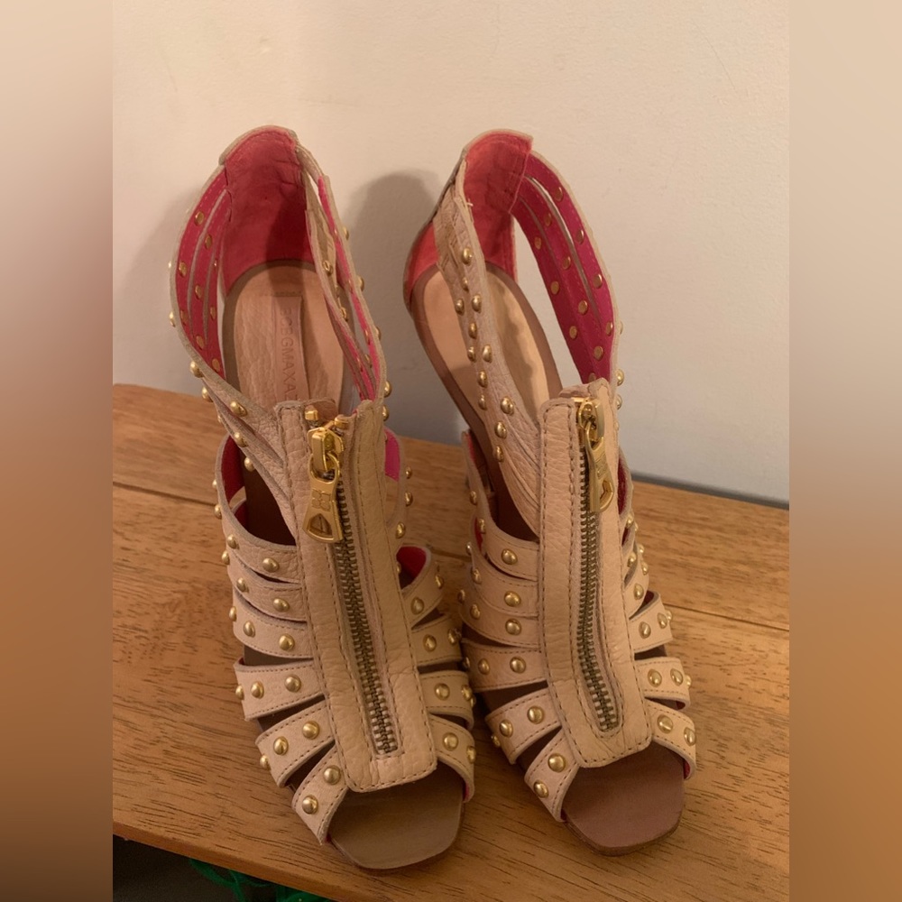 BCBG MaxAzria Strappy Studded Leather Zippered Heels Stilettos 6 1/2
